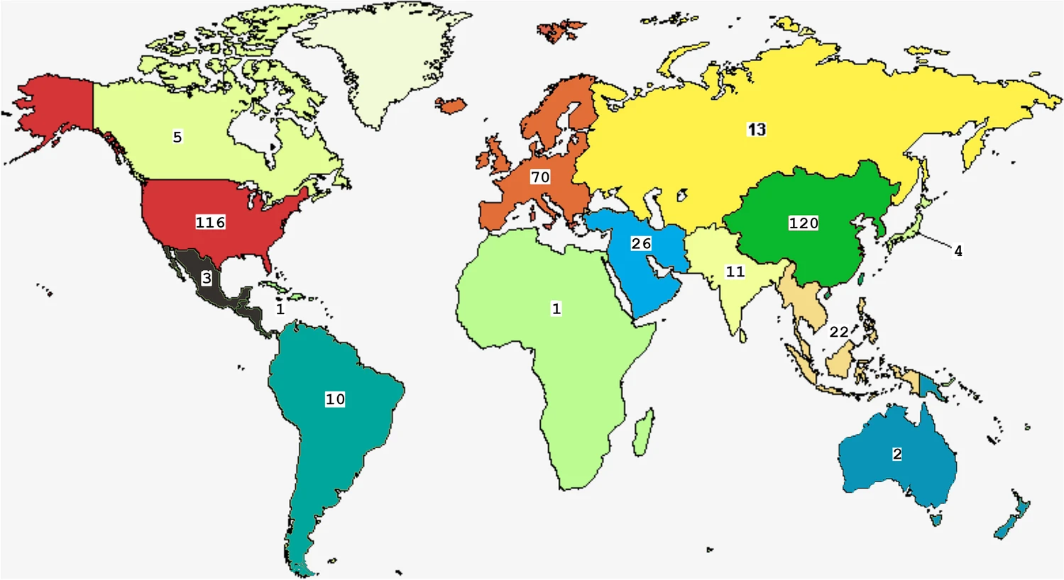 世界MSC臨床試驗的地理分布。世界地圖來(lái)自 clinicaltrials.gov