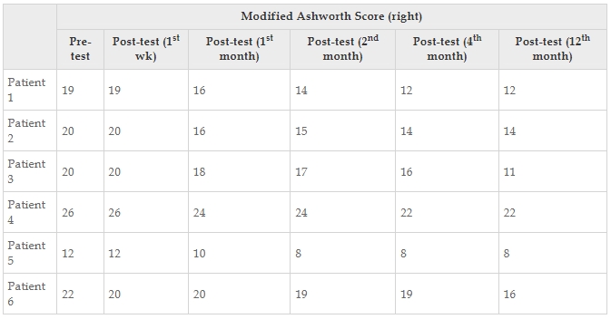 表8：每位患者的改良Ashworth評分正確值。
