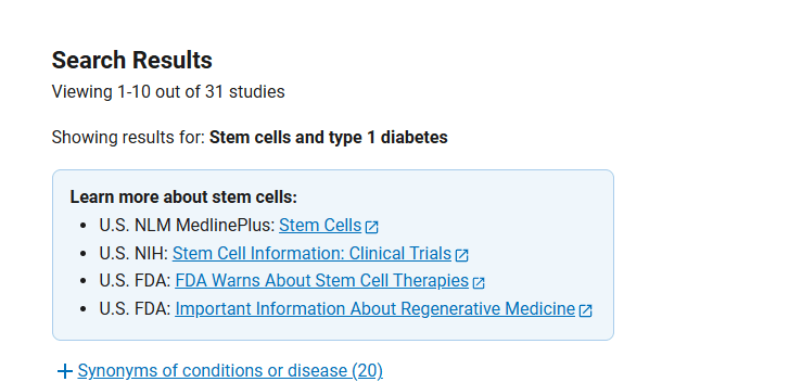 clinicaltrials.gov網(wǎng)站上注冊的有關(guān)干細胞治療1型糖尿病臨床研究項目有31項